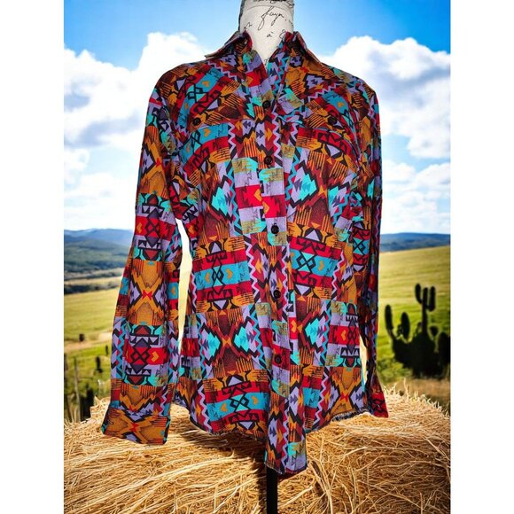 H Bar C Ranchwear Size 6/30 Southwest Aztec 100% Cotton, USA Medium Large Button - Picture 1 of 8